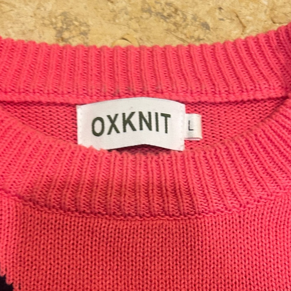 OXKNIT Pink Sweater with Black Bulldog & Green Glasses 100% Cotton Size L - Picture 4 of 6